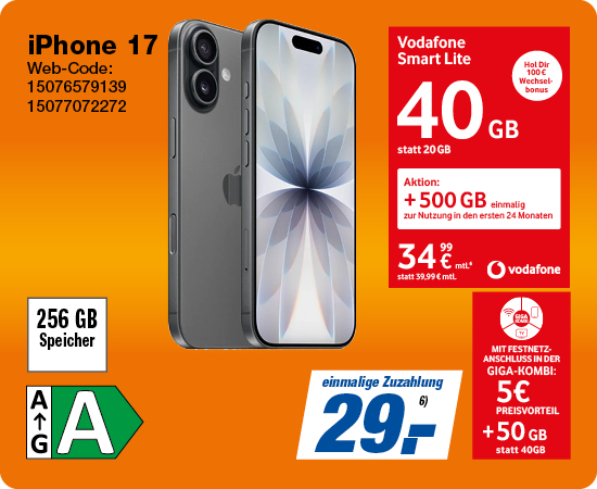 iPhone 17 256GB Mtl. 34,99 €